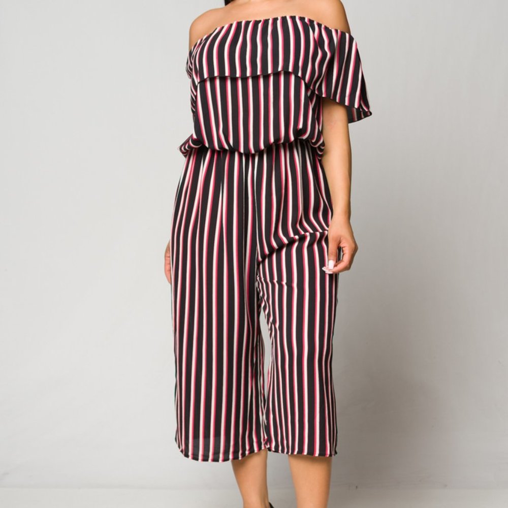 Misia Black/Pink Striped Ruffle Jumpsuit - XL